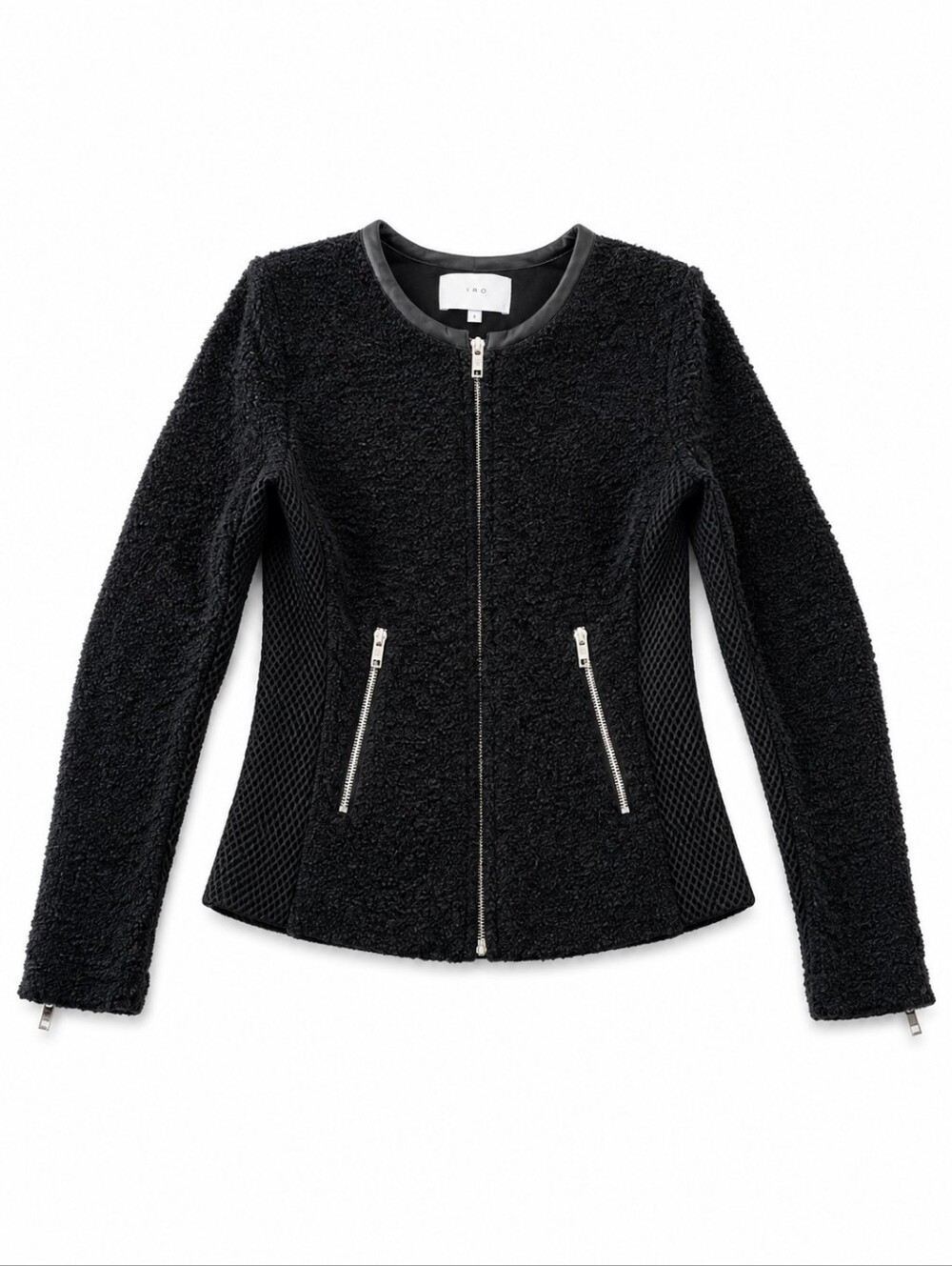 IRO Amiya Black Bouclé Leather Trim Mesh Zip Jacket US 6 FR 38